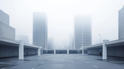 A vast car plaza with futuristic skyscrapers under a misty morning sky. Featuring innovation and clarity