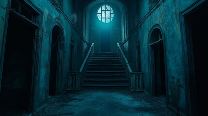 Obraz premium Echoes of the Past: An aged building with a long staircase that beckons one deeper inside, shrouded in a haunting blue light, casting shadows that dance along aged walls.