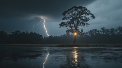 Stormy night, lightning striking near tree, lake reflection, forest backdrop, nature photography