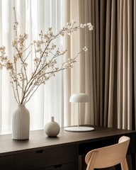 Elegant Office Decor: A Vase of Flowers on a Table Next to a Chair in a Modern Corporate Workspace