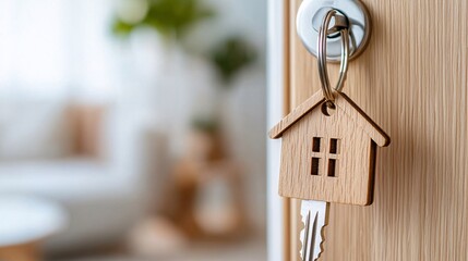 Home loan estate investment concept. House key with a wooden keychain shaped like a house, hanging in a door lock, set against a softly blurred interior background.