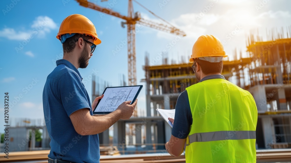 Poster two construction workers analyzing project plans at a building site with crane in background during 