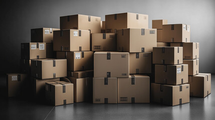 Fototapeta premium Boxes Stacked: An overhead view of a pile of cardboard boxes against a plain backdrop, highlighting the volume of goods, logistics, and storage.