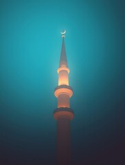 Illuminated Mosque Minaret with Crescent Moon Against a Turquoise Sky