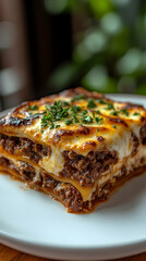 Close Up Of A Lasagna Slice On White Plate