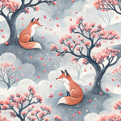 whimsical pattern featuring foxes among blooming trees and soft clouds, evoking serene atmosphere. seamless pattern