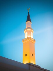 Illuminated Mosque Minaret Against a Bright Blue Sky at Dusk
