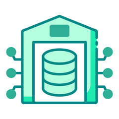 Data warehouse server green filled line icon representing data storage and organization