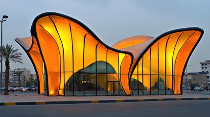 Modern architectural structure with flowing orange design, illuminated at dusk, surrounded by palm trees