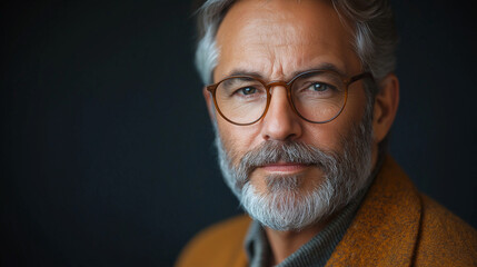 Obraz premium Intense Gaze of Wisdom: A close-up studio shot of a distinguished, mature man with a salt-and-pepper beard and glasses, exuding intelligence and experience.