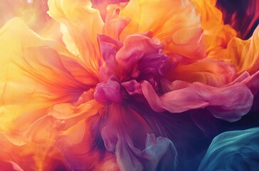 Fototapeta premium Abstract vibrant flower-like liquid paint explosion, colorful swirls