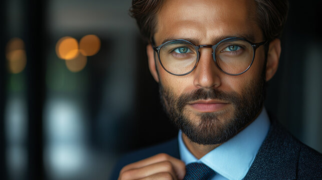 A Sophisticated Gaze: A portrait of a handsome man with a captivating gaze, wearing glasses and a tie, exudes an aura of intelligence and confidence.