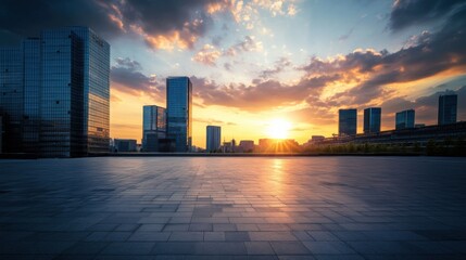 A vast car plaza with modern skyscrapers under a radiant sunset sky. Featuring elegance and sophistication