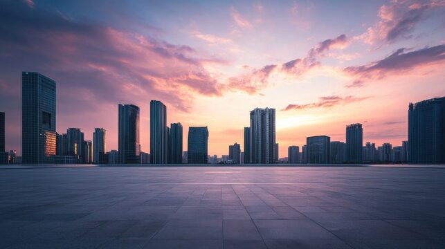 A vast car plaza with modern skyscrapers under a radiant sunset sky. Featuring elegance and sophistication