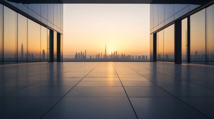 A polished automotive plaza with a distant skyline at sunset. Featuring symmetry and clean lines