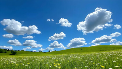 Fototapeta premium Idyllic summer meadow landscape with fluffy white clouds and vibrant wildflowers under a brilliant blue sky. Perfect for nature, travel, and serenity themes.