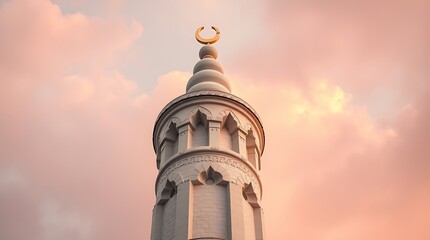 Obraz premium Mosque Minaret Against Pastel Sky with Crescent Moon Symbol at Dusk