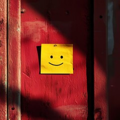Abstract Solitude: A slightly crumpled yellow sticky note with a hand-drawn sad face, positioned slightly off-center on a painted red metal door. 