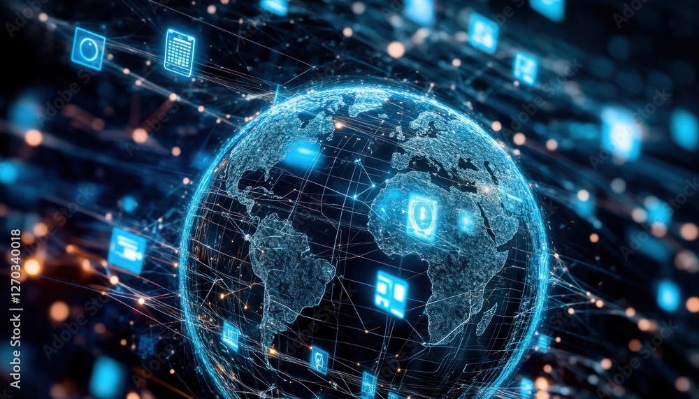 Poster digital globe surrounded by data icons and network connections