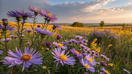 Obraz premium Sunset Meadow Flowers: Vibrant purple asters dominate the foreground, their delicate petals catching the golden light of the setting sun in a picturesque wildflower meadow.