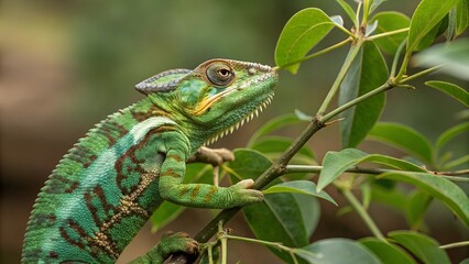 Panther Chameleon on Branch: A vibrant panther chameleon, showcasing its striking green, yellow, and brown markings, clings to a branch amidst lush green foliage.