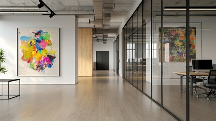 Stunning Large Wall Painting Enhances Professional Atmosphere in Modern Corporate Office Space