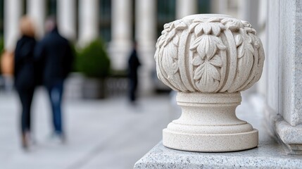 Ornate stone finial, city background, blurred pedestrians