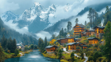 Obraz premium Enchanting Mountain Village: A picturesque village nestled amidst majestic mountains and a serene river, the wooden houses exude warmth and tranquility, a perfect harmony of nature and dwelling.