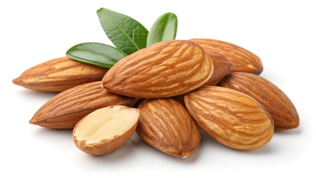 Almonds with Leaves: A close-up shot of a pile of whole almonds and a halved almond, accompanied by fresh green leaves. The image is ideal for food blogs, healthy eating websites, or packaging design.