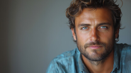 Fototapeta premium Captivating Gaze: A portrait of a handsome man with piercing blue eyes. He exudes confidence and approachability in this captivating close-up.