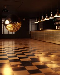 Golden Era Disco: A photorealistic 3D render of an empty disco dance floor bathed in warm golden light.