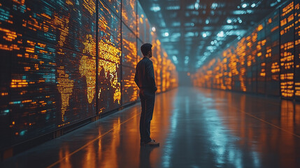 Navigating the Digital Labyrinth: A solitary figure stands in a futuristic data center, immersed in the glow of complex global data streams, symbolizing the vastness of information technology.