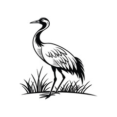 Black and White Heron Bird Silhouette with Grass – Vector Illustration