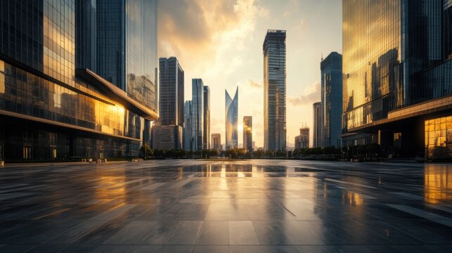 A vast car plaza with skyscrapers illuminated by warm golden light. Featuring luxury and serenity