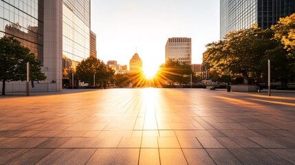 A quiet city plaza with a skyline at golden hour. Featuring warmth and peacefulness