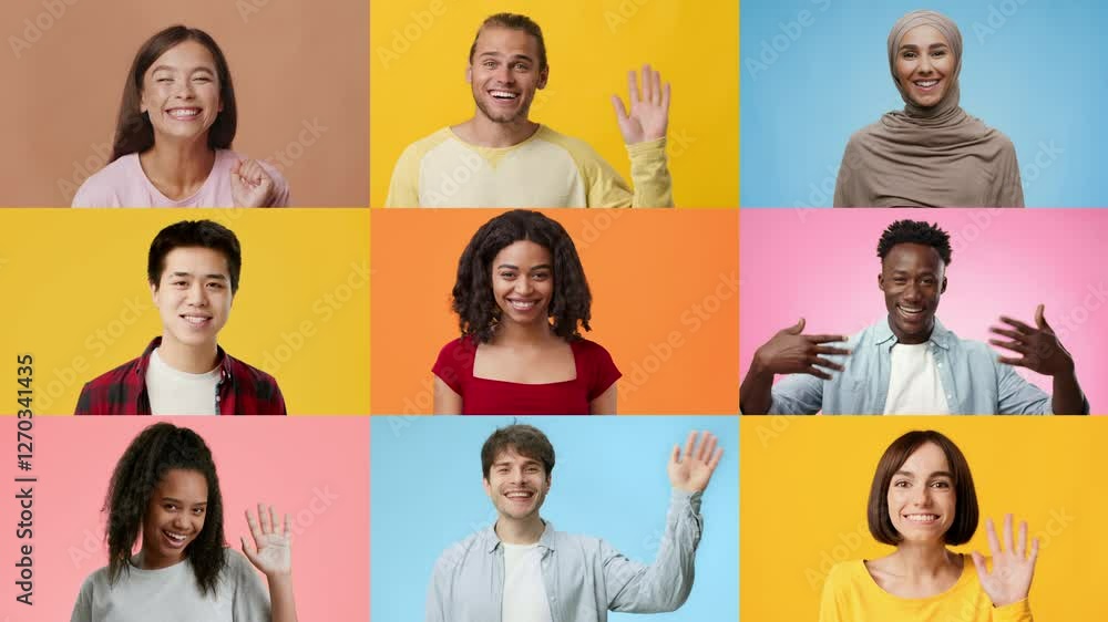 Poster a joyful collection of nine multiracial individuals waves and smiles in various bright backgrounds. 