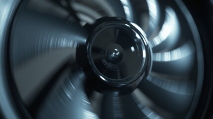 rotating metal fan blades with intricate details, subtle motion blur and realistic reflections on a sleek background