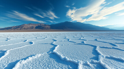 Obraz premium Vast Salt Flat Under the Big Sky: An expansive, textured salt flat stretches towards distant mountains beneath a striking blue sky filled with fluffy clouds.