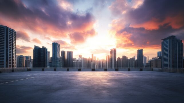 A vast car plaza with skyscrapers under swirling sunset clouds. Featuring grandeur and urban poetry