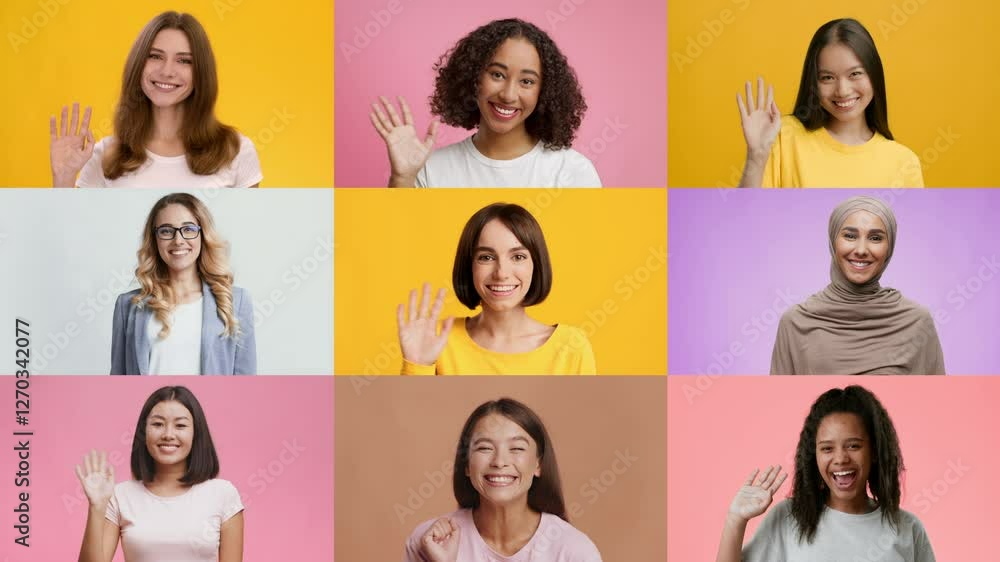 Poster a vibrant collage features cheerful, diverse individuals smiling and waving hello. each person expre