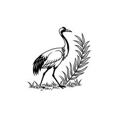 Black and White Heron Bird Silhouette with Grass – Vector Illustration