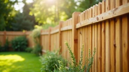 Fototapeta premium A light brown wooden garden fence, neatly maintained with green grass and plants in the background, under warm sunlight on a sunny afternoon.