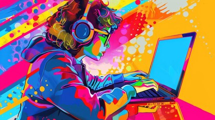 Vibrant Digital Illustration of Person Working on Laptop