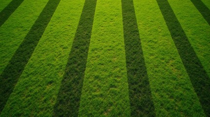 Aerial view of a well-maintained lawn with alternating light and dark green stripes, creating a clean and sharp lawn pattern under sunny conditions.
