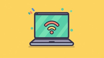 Colorful Laptop with WiFi Signal on Yellow Background