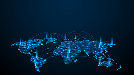 Futuristic Global Connectivity: Glowing Digital Technology and Internet Network Connections on a World Map. Deep Learning, Cloud Computing, AI Big Data, Innovative Future Tech, 3D Line. © Jer