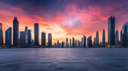 A vast car plaza with sleek futuristic skyscrapers under a bright blue sky. Featuring clarity and strength