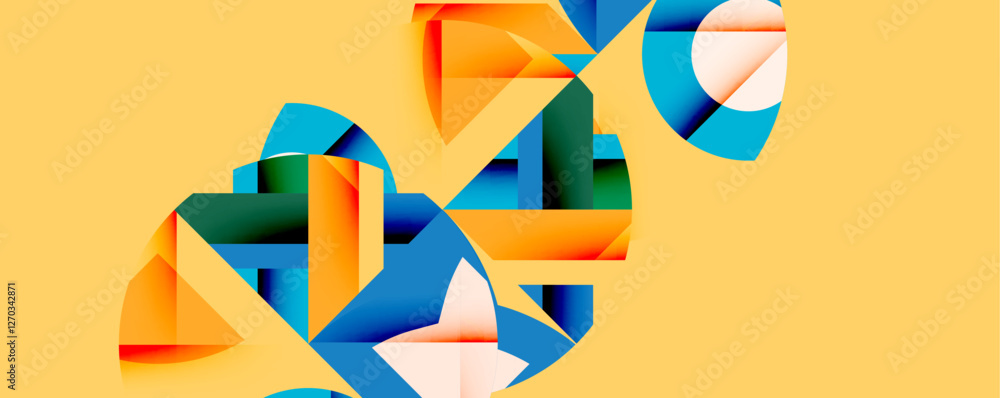 Poster Abstract geometric composition with interlocking circular and angular shapes, featuring smooth gradients and sharp contrasts on a white background