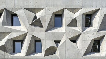 Abstract architectural facade with geometric patterns and windows in urban environment