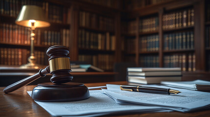 Obraz premium Wooden judge's gavel on legal documents in a classic law library.